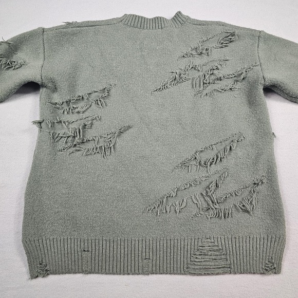 Aelfric Eden Sweater Mens Medium Green Distressed Ripped Knit Crewneck Pullover - Picture 7 of 8